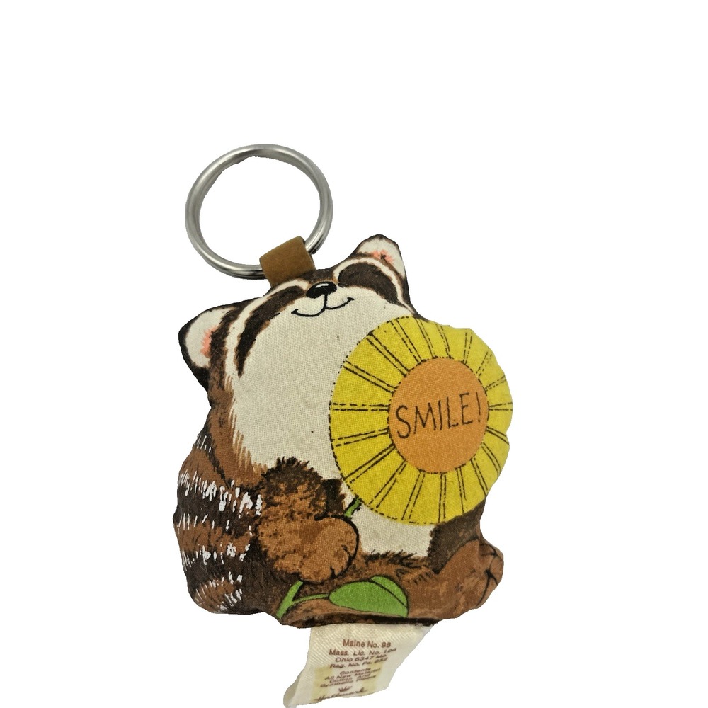 New Vintage 1970s Hallmark Keychain Key Chain Fabric Smile Raccoon